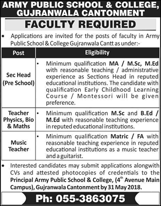 Army Public School and College Gujranwala Cantt Jobs May 2018 Teachers & Section Head Latest
