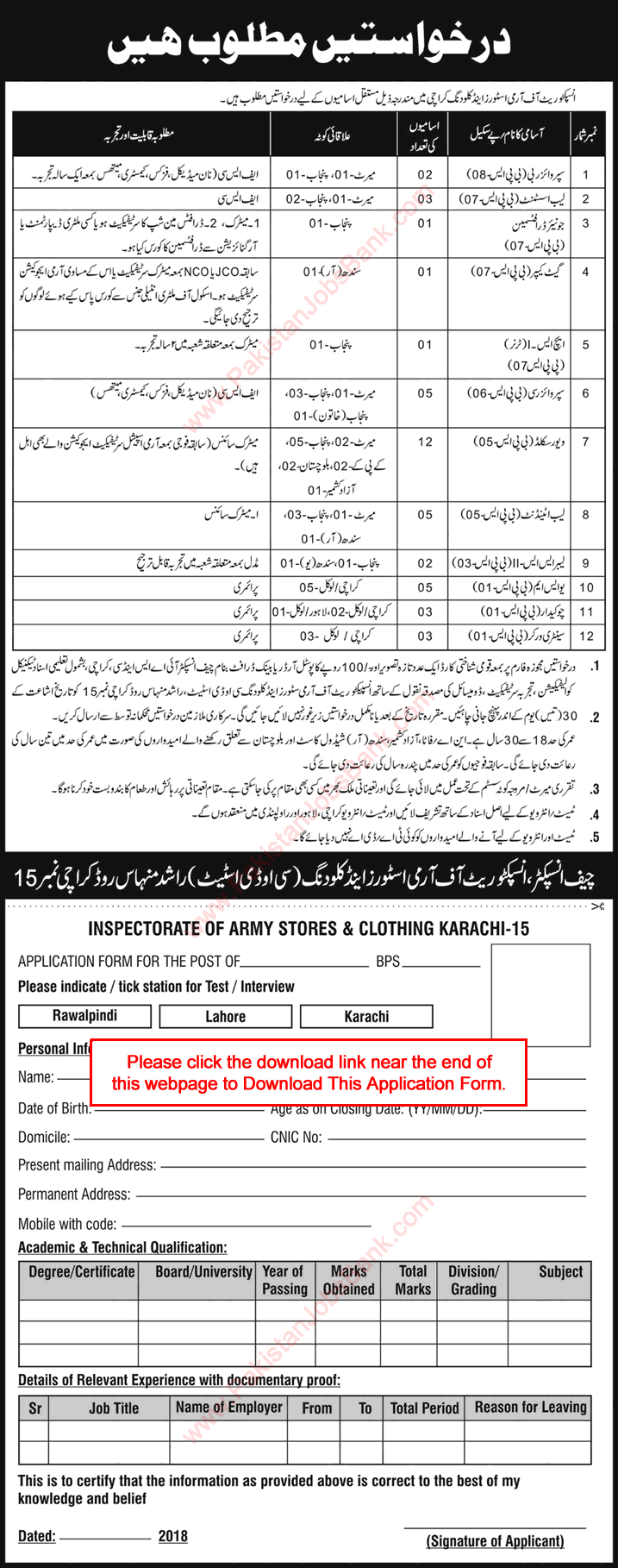 Inspectorate of Army Stores and Clothing Karachi Jobs 2018 June Application Form Download Latest