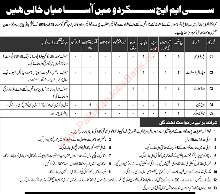 CMH Skardu Jobs June 2018 Medical Assistant, Clerk & Others Combined Military Hospital Latest