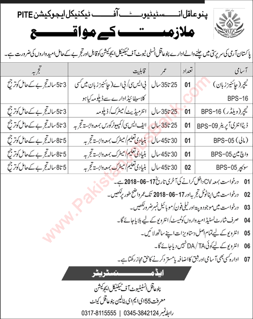 Pano Aqil Institute of Technical Education Jobs 2018 June Teachers, DEO & Others PITE Latest