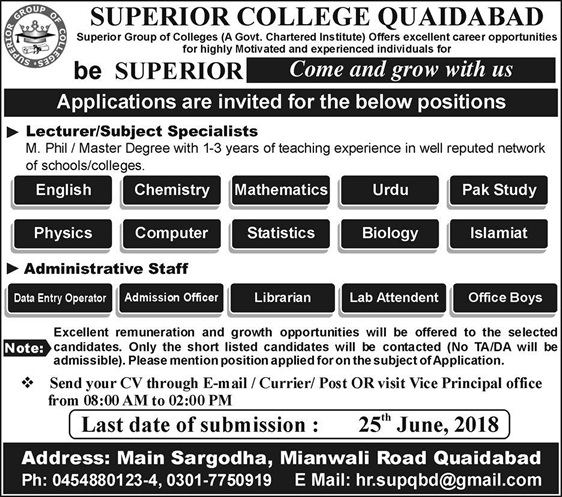 Superior College Quaidabad Jobs June 2018 Khushab Teaching Faculty & Admin Staff Latest