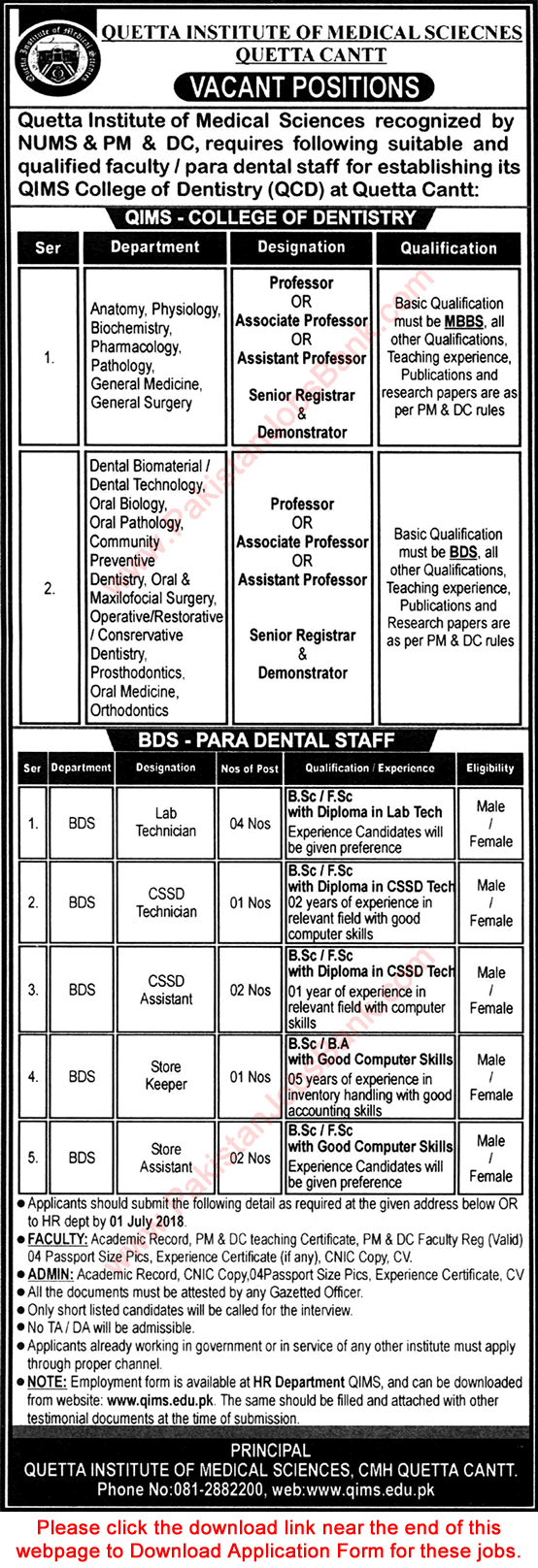 Quetta Institute of Medical Sciences Jobs 2018 June QIMS Application Form Teaching Faculty & Others Latest