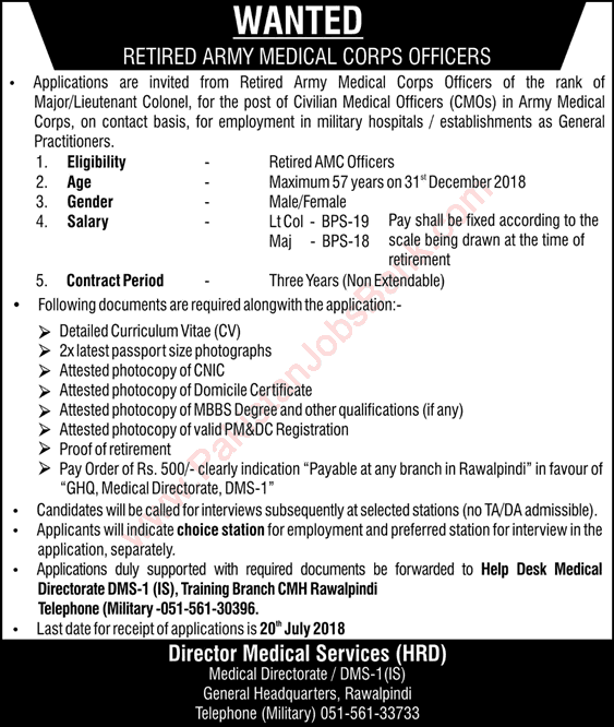Medical Officer Jobs in Pakistan Army June 2018 Retired Army Medical Corps Officers CMO Latest