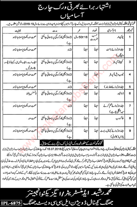 Irrigation Department Jhang Jobs 2018 July Baildar, Tubewell Operator & Others Canal Division LCC West Latest