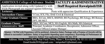 Ambitious College of Advance Studies Rawalpindi Jobs 2018 July Islamabad Lecturers & Admin Staff Latest