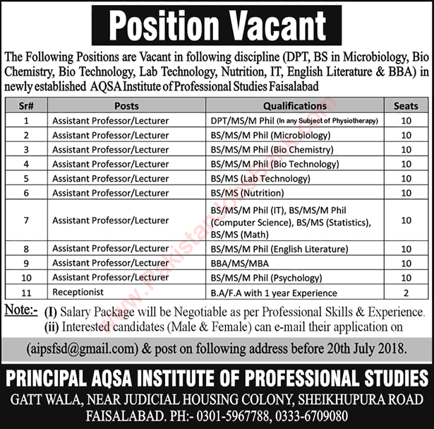 AQSA Institute of Professional Studies Faisalabad Jobs 2018 July Teaching Faculty & Receptionist Latest