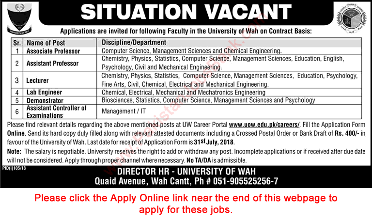 University of Wah Jobs 2018 July Apply Online Teaching Faculty & Others Latest