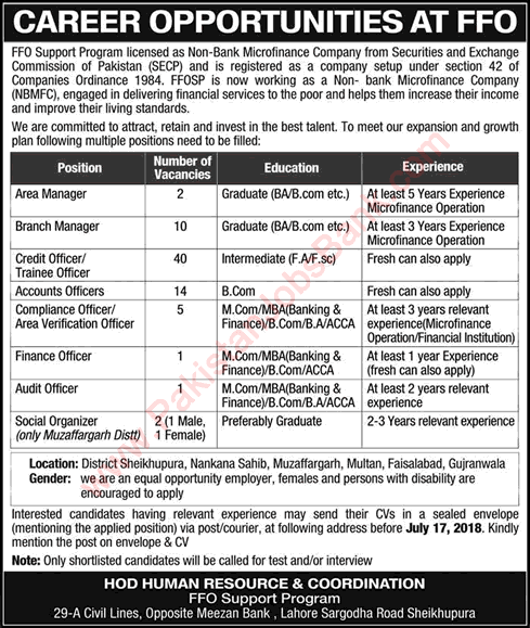 FFO Support Program Pakistan Jobs 2018 July Credit / Trainee Officers & Others Latest
