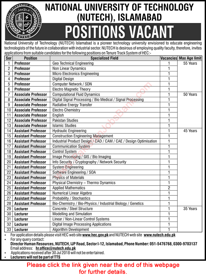 National University of Technology Islamabad Jobs 2018 July Teaching Faculty NUTECH Latest