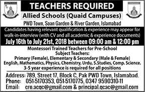 Allied Schools Islamabad Jobs July 2018 for Teachers Quaid Campuses Walk in Interviews Latest