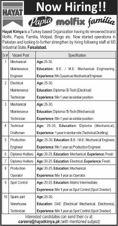 Hayat Kimya Faisalabad Jobs 2018 July Electrical / Mechanical Engineers, Production Operator & Others Latest