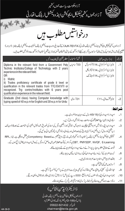 AJK TEVTA Jobs 2018 August Instructors and Clerk in Poonch Latest