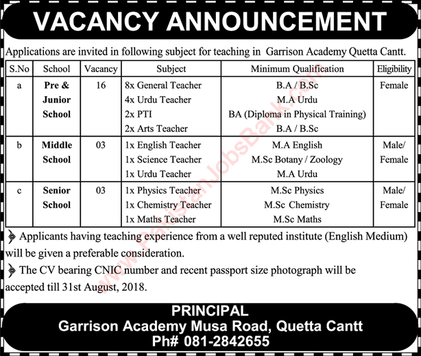 Garrison Academy Quetta Cantt Jobs August 2018 for Teachers Latest
