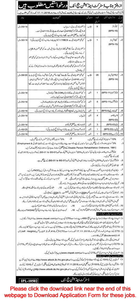 District and Session Court Attock Jobs October 2018 CTS Application Form Data Entry Operators & Others Latest