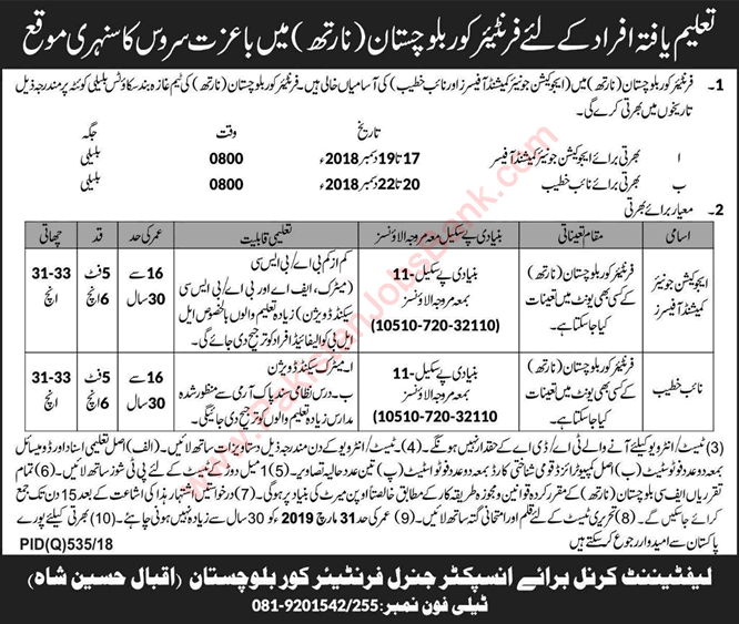 Frontier Corps Balochistan Jobs November 2018 Junior Commissioned Officers (JCO) & Naib Khateeb Latest