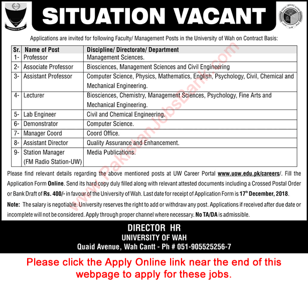 University of Wah Jobs November 2018 UOW Apply Online Teaching Faculty & Others Latest