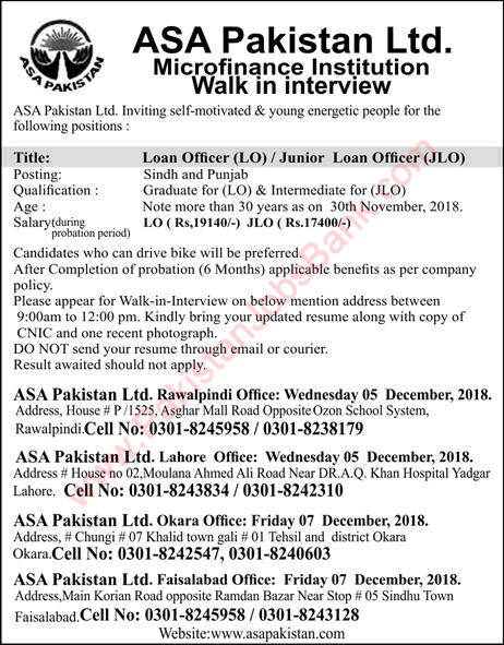 ASA Pakistan Jobs December 2018 Loan Officers Walk in Interview Latest