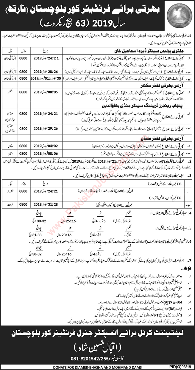 Frontier Corps Balochistan Jobs 2019 North 63 Batch Recruit General Duty Sipahi & Others Latest
