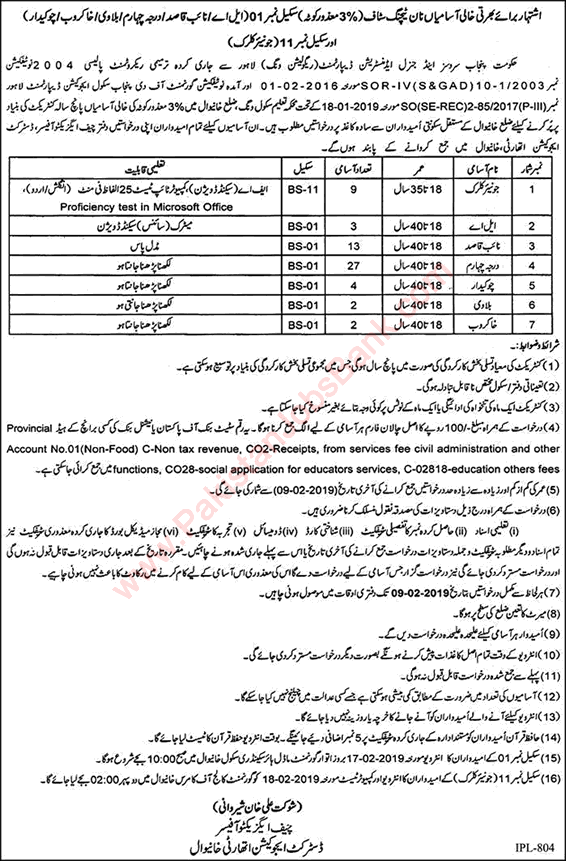 Education Department Khanewal Jobs 2019 January / February Class 4, Naib Qasid & Others Disabled Quota Latest