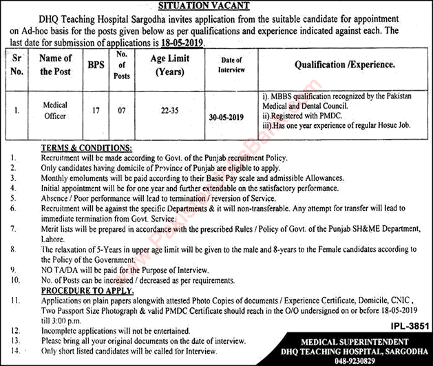 Medical Officer Jobs in DHQ Teaching Hospital Sargodha 2019 April / May Latest