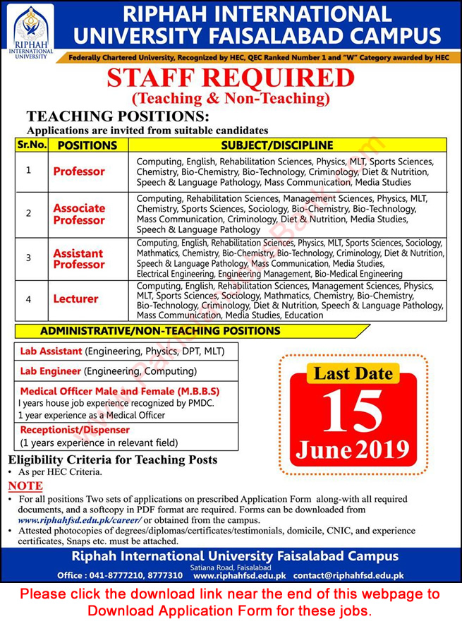Riphah International University Faisalabad Jobs May 2019 Application Form Teaching Faculty & Others latest