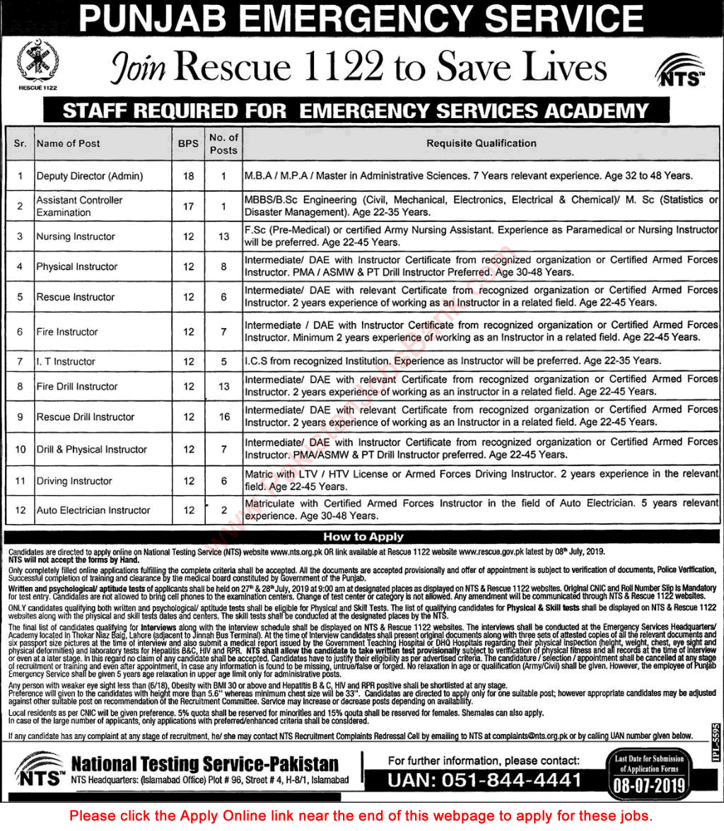 Punjab Emergency Service Rescue 1122 Jobs June 2019 NTS Online Application Form Latest