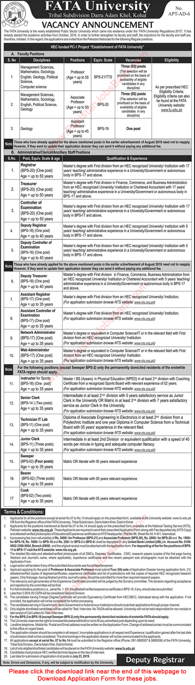 FATA University Jobs July 2019 Kohat NTS Application Form Teaching Faculty & Others Latest
