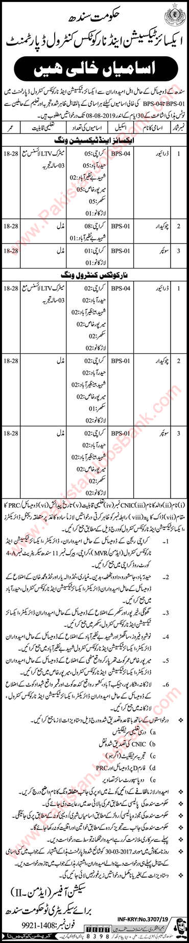 Excise Taxation and Narcotics Control Department Sindh Jobs July 2019 Drivers & Others Latest