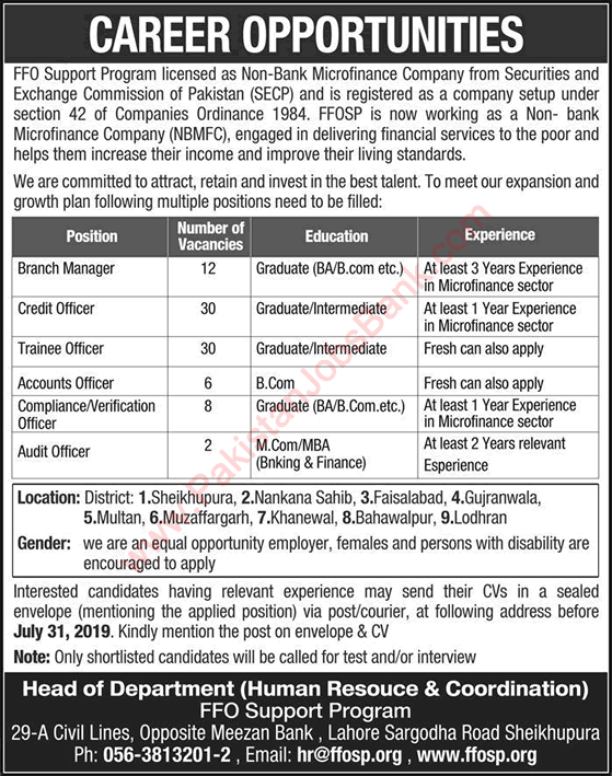 FFO Support Program Jobs 2019 July Punjab Credit Officers, Trainee Officers & Others Latest
