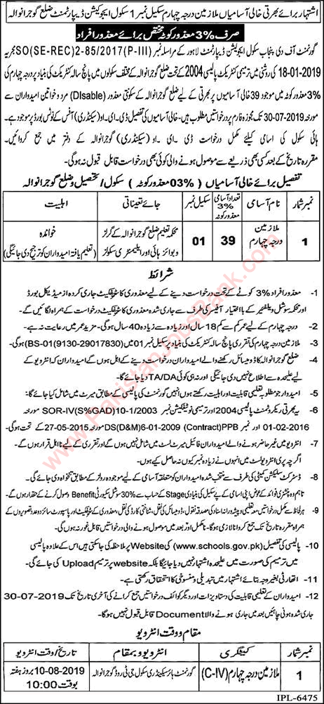 Class 4 Jobs in Education Department Gujranwala 2019 July Darja Chaharam Latest