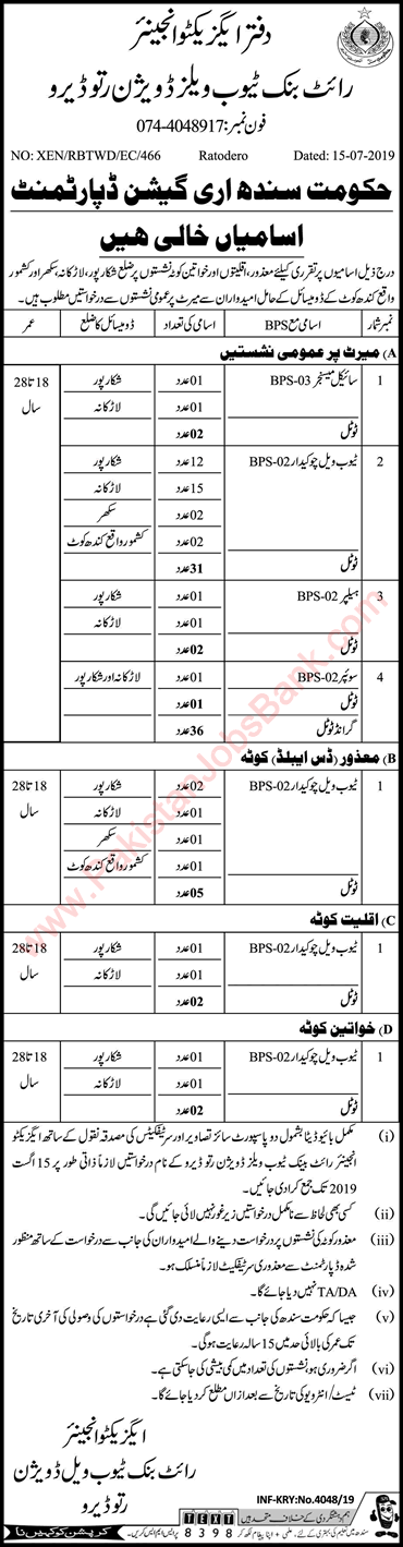 Irrigation Department Sindh Jobs July 2019 Tubewell Division Ratodero Chowkidar & Others Latest