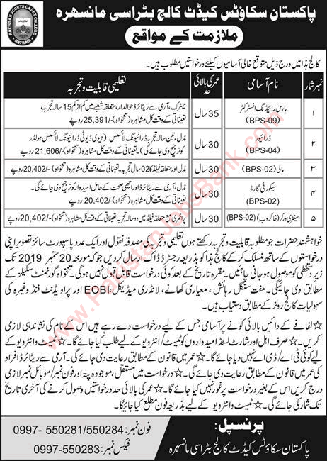 Pakistan Scouts Cadet College Batrasi Mansehra Jobs 2019 September Driver, Security Guard & Others Latest