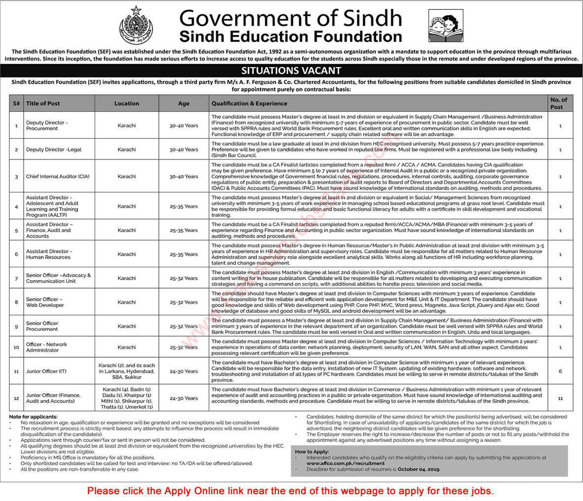 Sindh Education Foundation Jobs September 2019 Apply Online Junior Officers & Others SEF Latest