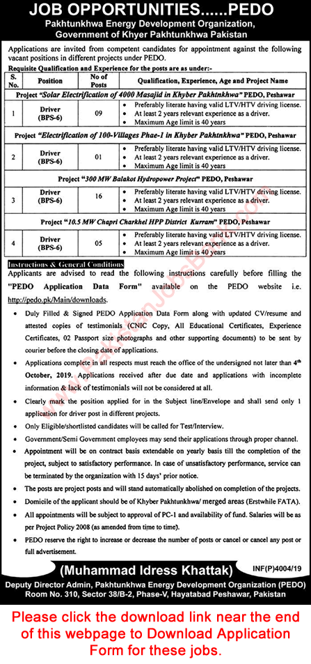 Driver Jobs in Pakhtunkhwa Energy Development Organization KPK 2019 September Peshawar Application Form PEDO Latest