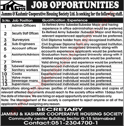 Jammu and Kashmir Cooperative Housing Society Islamabad Jobs 2019 September Sub Engineers, Drivers & Others Latest