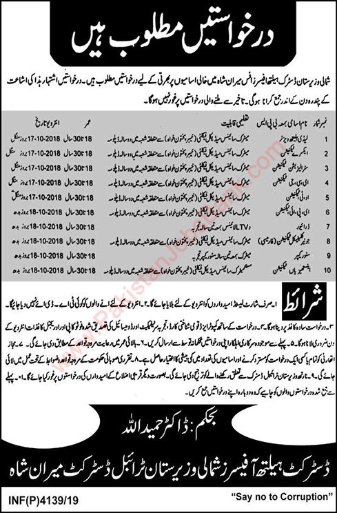 Health Department Miran Shah Jobs 2019 October Clinical / Medical Technicians & Others Latest