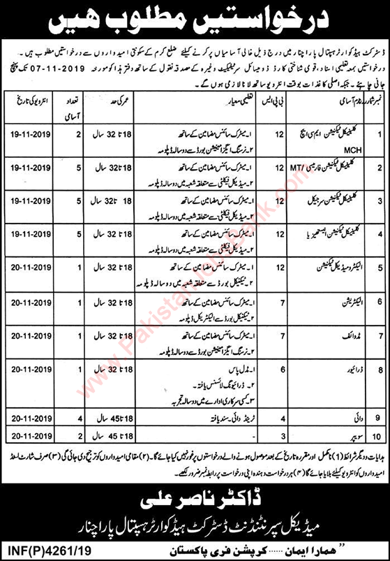 DHQ Hospital Parachinar Jobs 2019 October Clinical Technicians & Others Latest