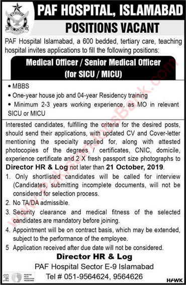 Medical Officer Jobs in PAF Hospital Islamabad 2019 October Pakistan Air Force Latest