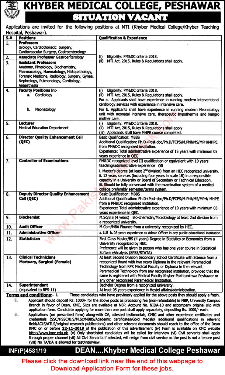 Khyber Medical College Peshawar Jobs 2019 November KMC Application Form MTI Khyber Teaching Hospital Latest
