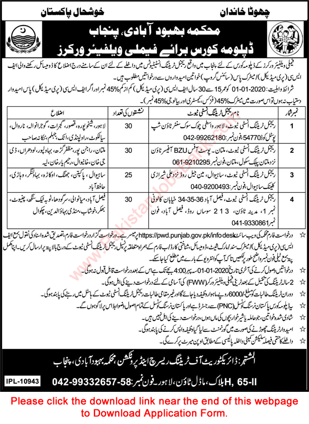 Family Welfare Worker Free Diploma Course in Punjab November 2019 Application Form Latest