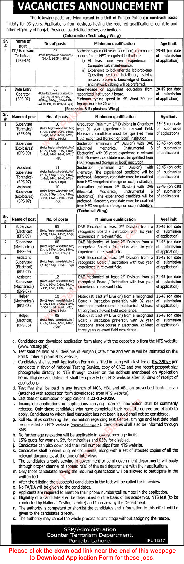CTD Punjab Police Jobs 2019 December NTS Application Form Data Entry Operators, Supervisors & Others Counter Terrorism Department Latest