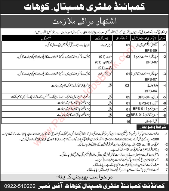 Combined Military Hospital Kohat Jobs 2019 December Drivers, Medical Assistant & Others CMH Latest