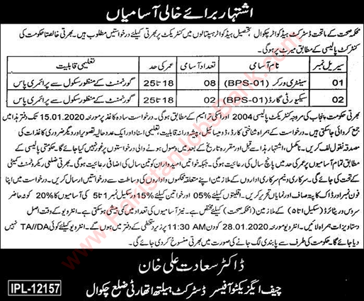 Health Department Chakwal Jobs December 2019 / 2020 Sanitary Workers & Security Guards Latest