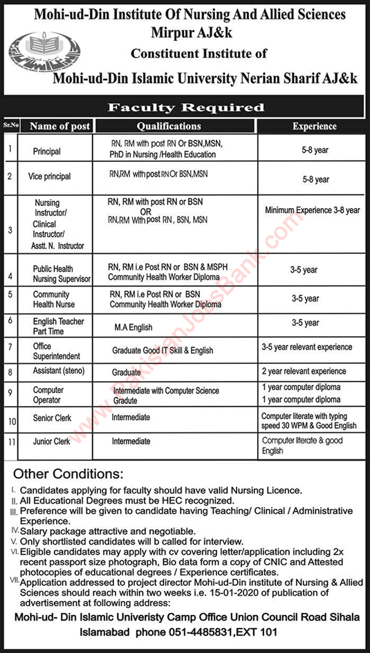 Mohi ud Din Institute of Nursing and Allied Sciences Mirpur Jobs 2019 December 2020 Latest