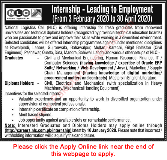 NLC Internship 2020 January Apply Online for Graduates & Diploma Holders National Logistics Cell Latest