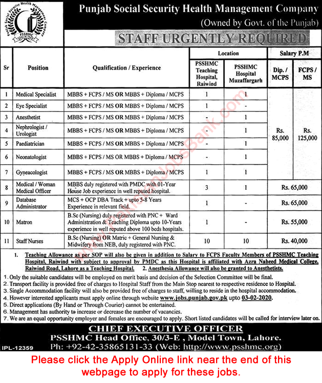 Punjab Social Security Health Management Company Jobs 2020 January Apply Online PSSHMC Hospitals Lahore / Muzaffargarh Latest