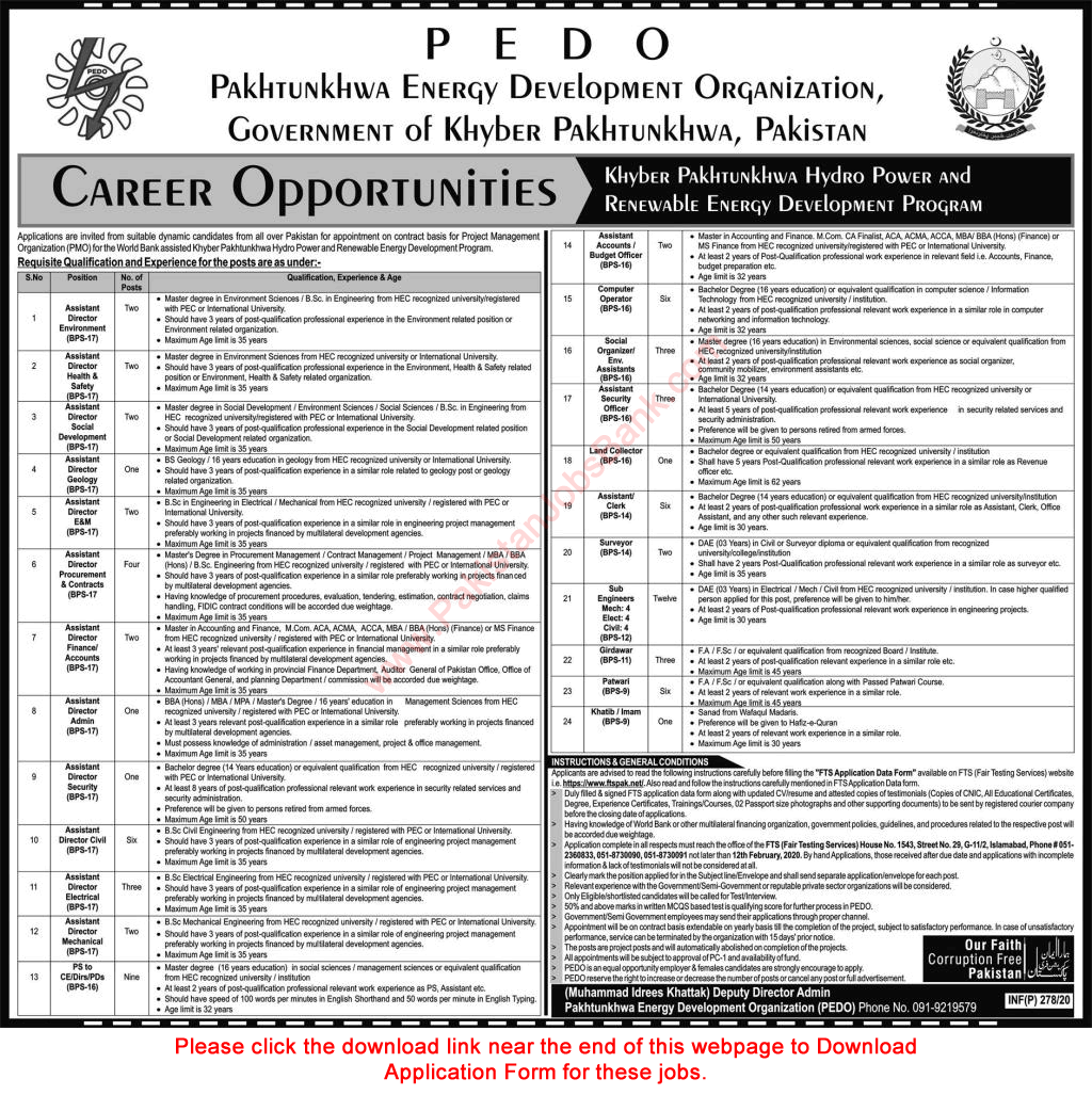Pakhtunkhwa Energy Development Organization KPK Jobs 2020 January PEDO FTS Application Form Latest