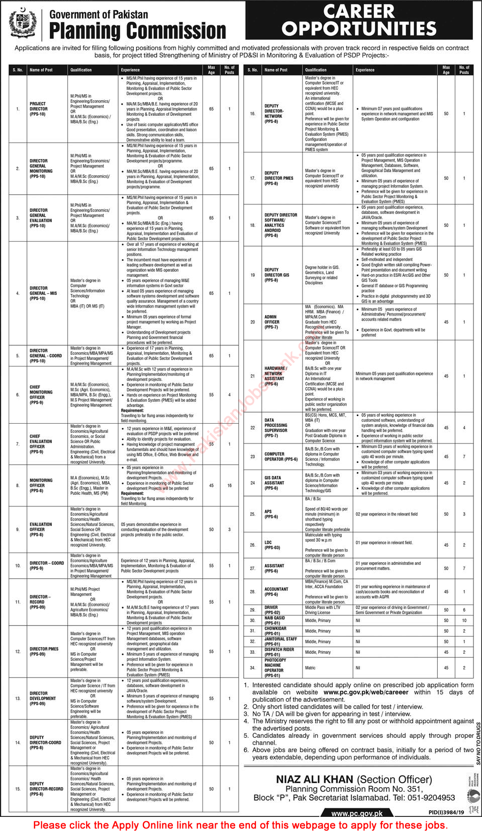 Planning Commission Jobs 2020 January Apply Online Project / Deputy Directors, Monitoring Officers & Others PC Latest