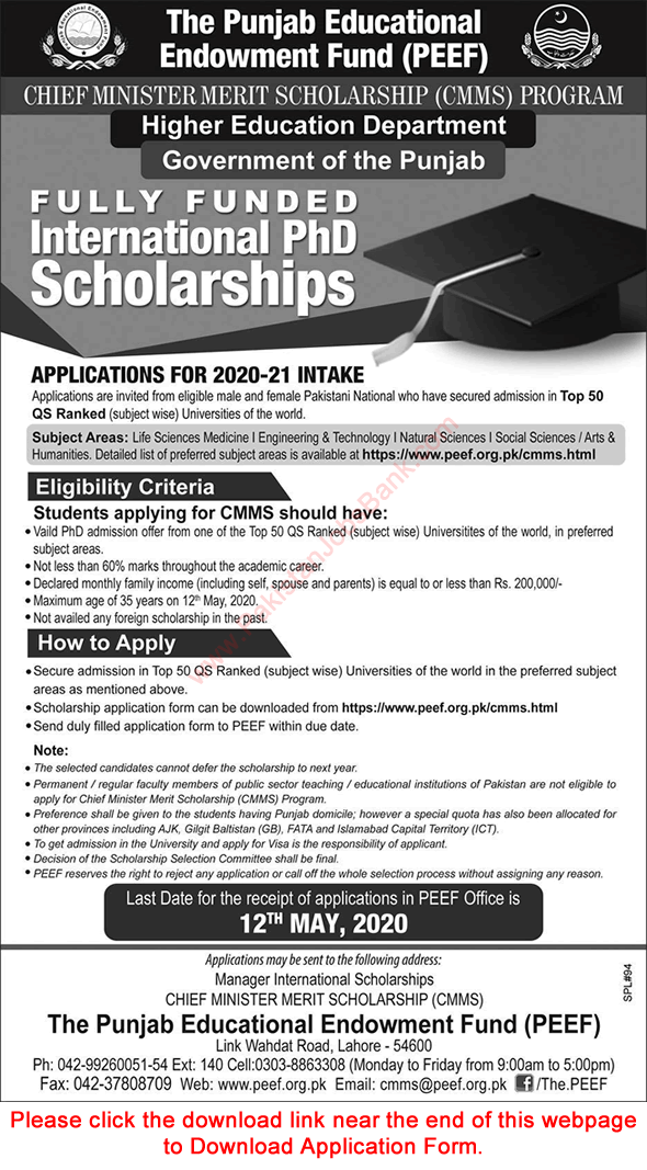 Chief Minister Merit Scholarships 2020 January PEEF Application Form CMMS International PhD Scholarship Latest