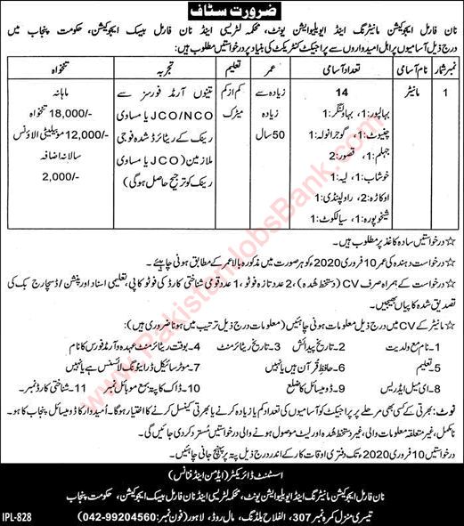 Monitor Jobs in Literacy Department Punjab 2020 January L&NFBED Latest